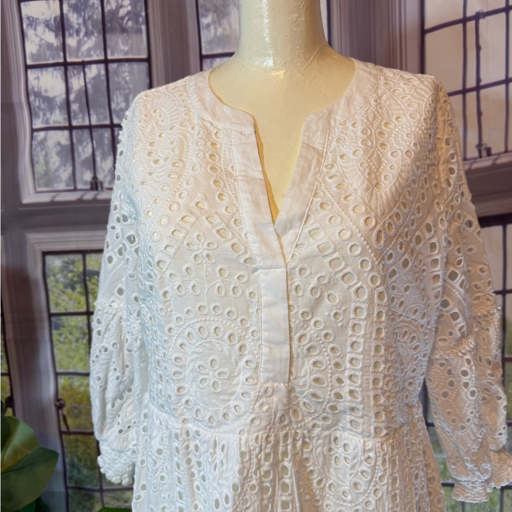 Chico’s White Eyelet Tiered V Neck Dress 12 Cottagecore Cotton Summer Spring - Picture 7 of 17